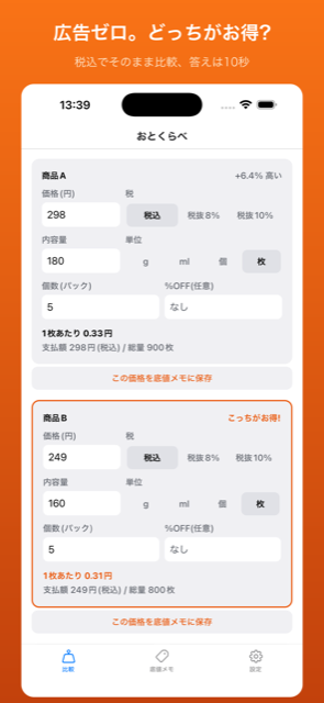 おとくらべ 単価比較画面